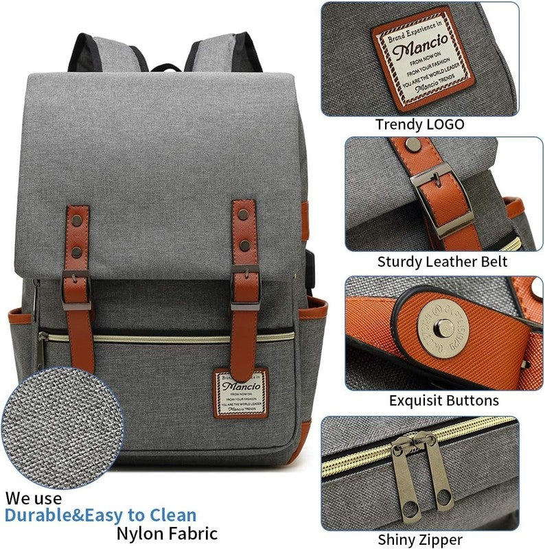 Vintage Laptop Backpack USB Charging Slim 15.6" Travel College Grey3