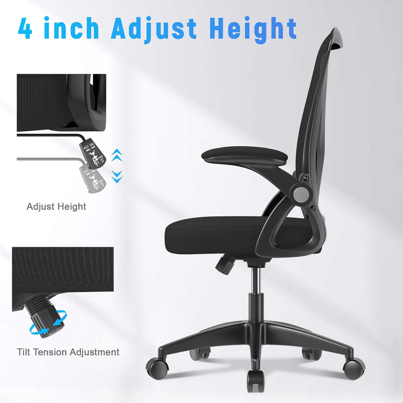 Ergonomic Mesh Office Chair Mid Back Swivel Desk Chair Flip Up Arms Black6