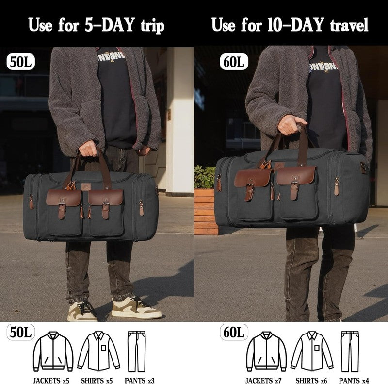 50L Canvas Travel Duffle Bag Expandable Leather Overnight Carry On Black5