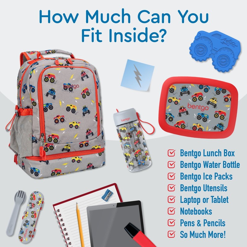 Kids 2 in 1 Backpack and Insulated Lunch Bag Trucks Print Water Resistant School3