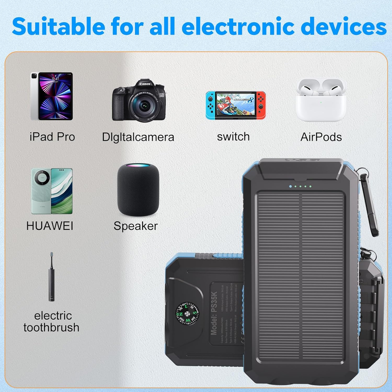 20000mAh Solar Power Bank USB-C Waterproof Dual Flashlight Camping Charger5