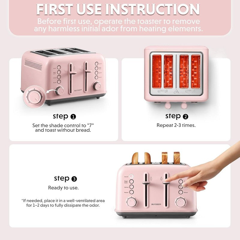 Retro 4 Slice Toaster 1800W Extra Wide Slots 7 Shade Bagel Muffin Stainless Pink3