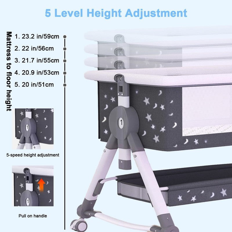 4 In 1 Bedside Bassinet, Adjustable Height, Black with Storage Basket1