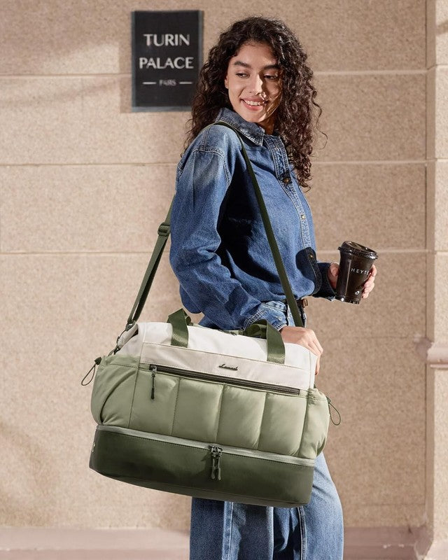 38L Women’s Travel Duffel Weekender Bag w/ Shoe & Wet Pocket 2Pc Green1