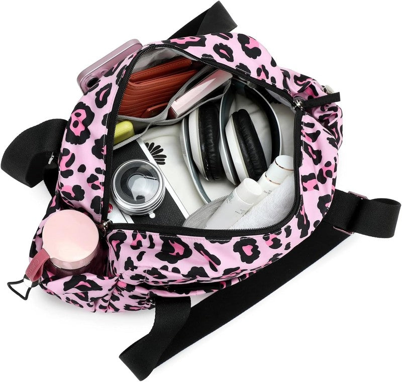 Mini Gym Bag Women Quilted Duffel Wet Compartment Coin Purse Leopard 12.6"3