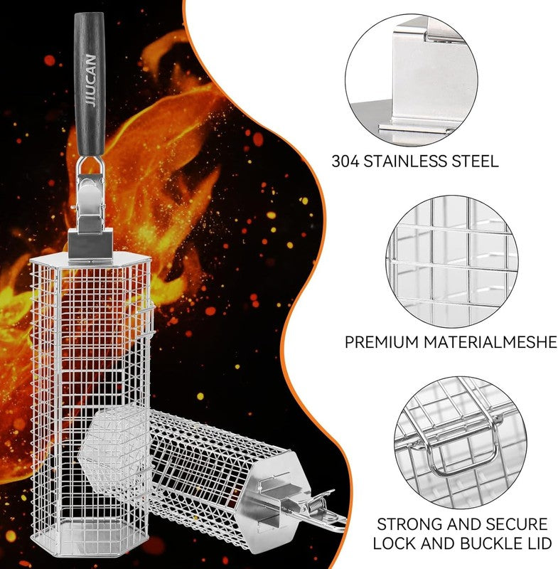 Grill Baskets Set, 2 PCS Stainless Steel Grill Baskets with Removable Wooden Han2