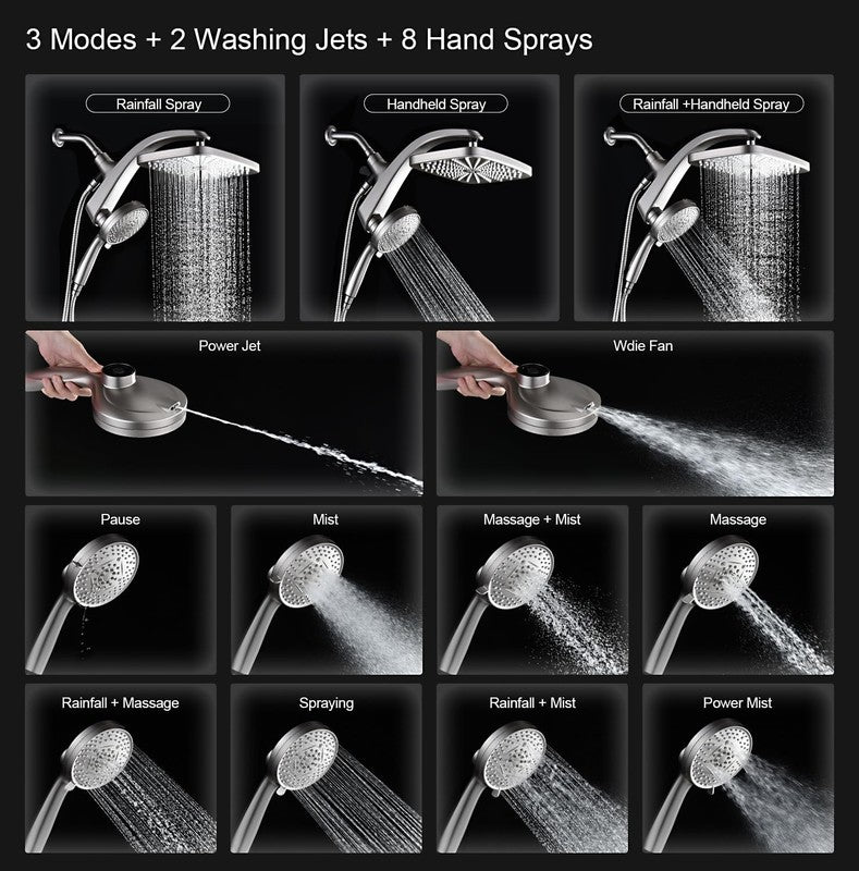 High Pressure Rain Shower Head w/ Handheld 10-Spray Combo Detachable Jets Silver1