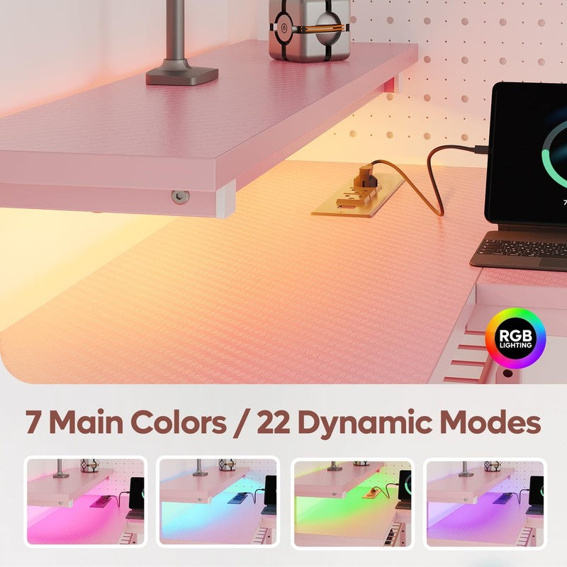 42" L-Shaped Computer Desk LED with Power Outlets & Monitor Stand Pink1