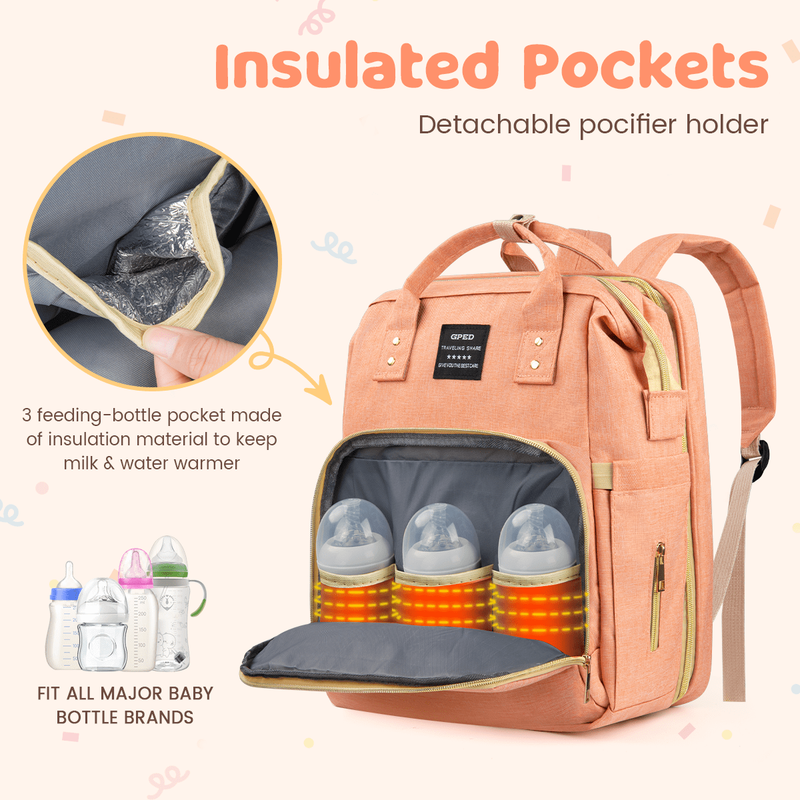 Diaper Bag Backpack w/ Crib, USB, Bottle Holders – Pink Travel Nappy Bag1