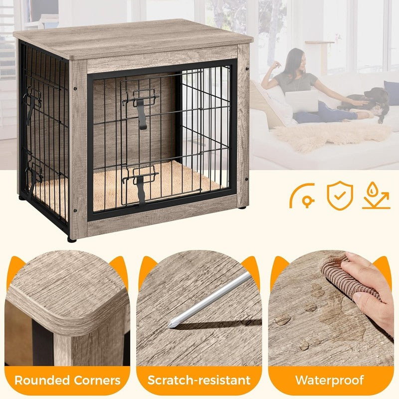Wooden Dog Crate Table 27.5" w/Cushion Double Door Small/Medium Dogs Greige4