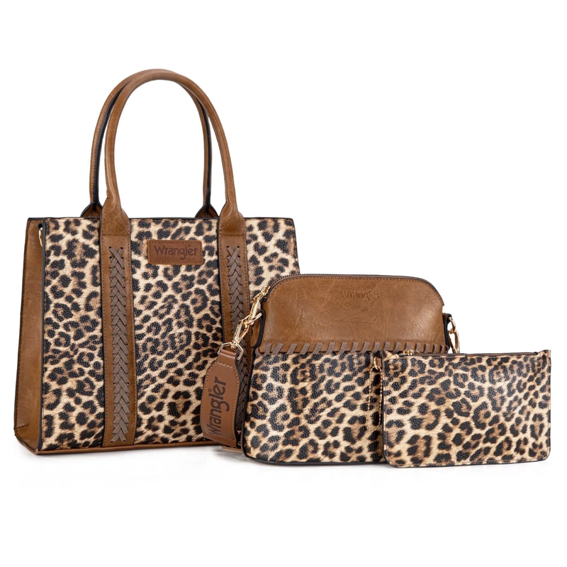 Wrangler 3Pc Handbag Set Tote Crossbody Purse Wallet Leopard Brown10