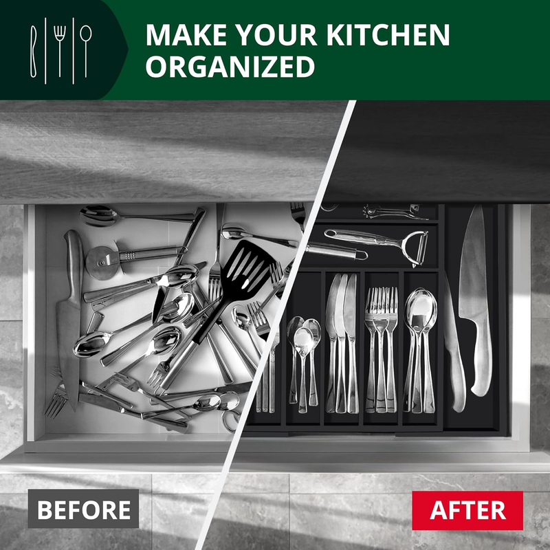 Bamboo Kitchen Drawer Organizer 9 Slot Black Silverware Cutlery Tray4