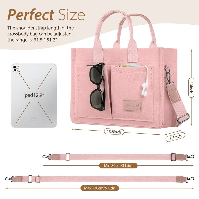 Canvas Tote Bag for Women with Pockets Laptop Work Crossbody Satchel Pink6