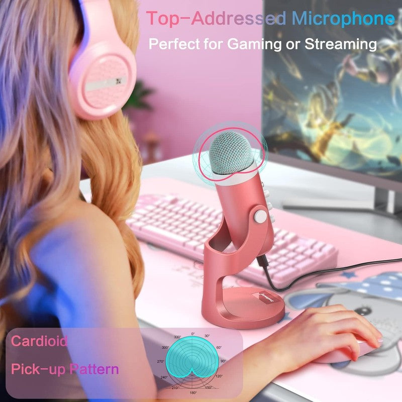 Pink USB Gaming Mic w/ Quick Mute, Echo, Monitor Volume PC Phone K665