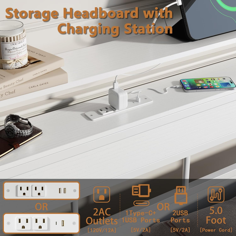 Twin Bed Frame LED Charging Station Storage Headboard Metal Slats White7