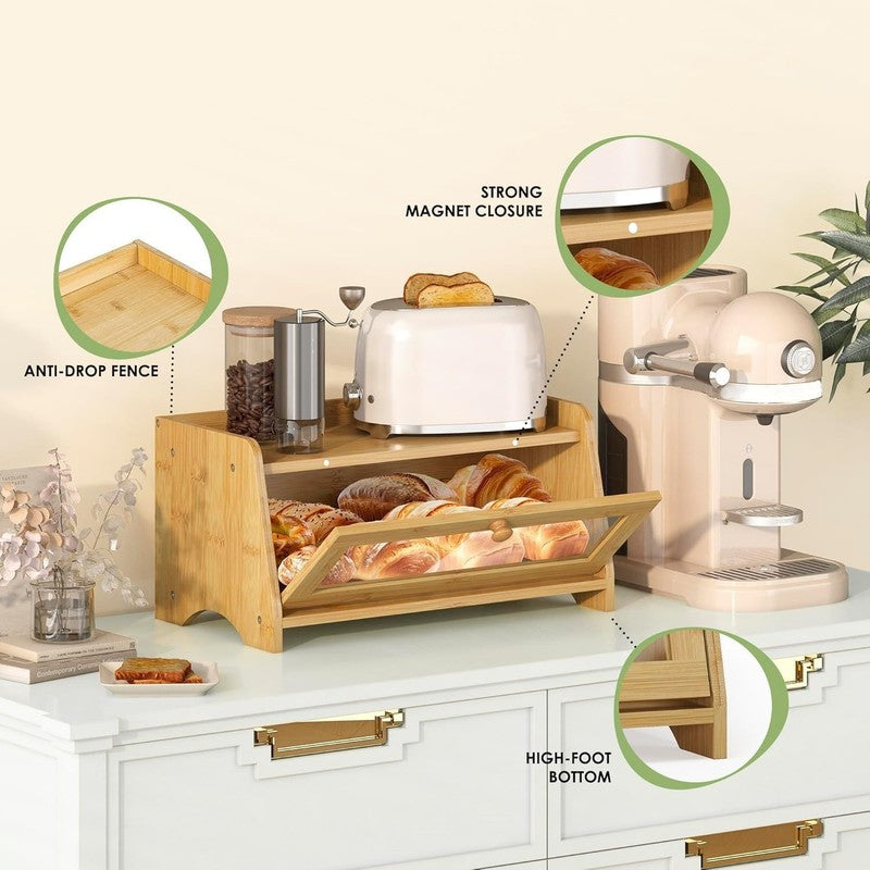 Bamboo Bread Box Large Wooden Farmhouse Bread Storage with Window2