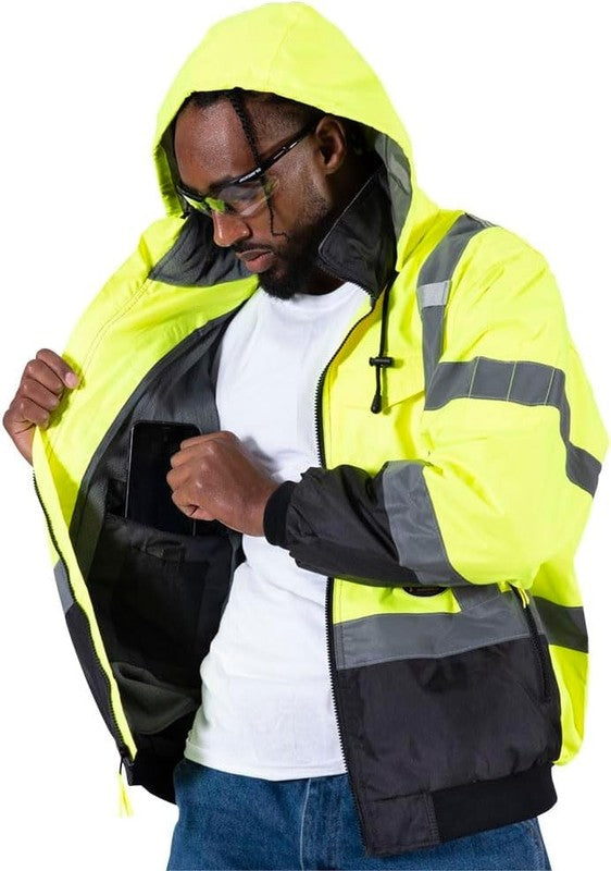 Hi Vis Safety Bomber for Men   Waterproof, Reflective ANSI Class 3 Winter Rain J10