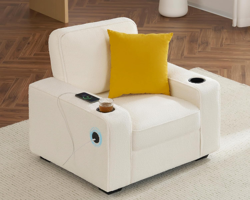 Bouclé Sofa Chair Cup Holders USB Charging Upholstered Living Room Couch White9