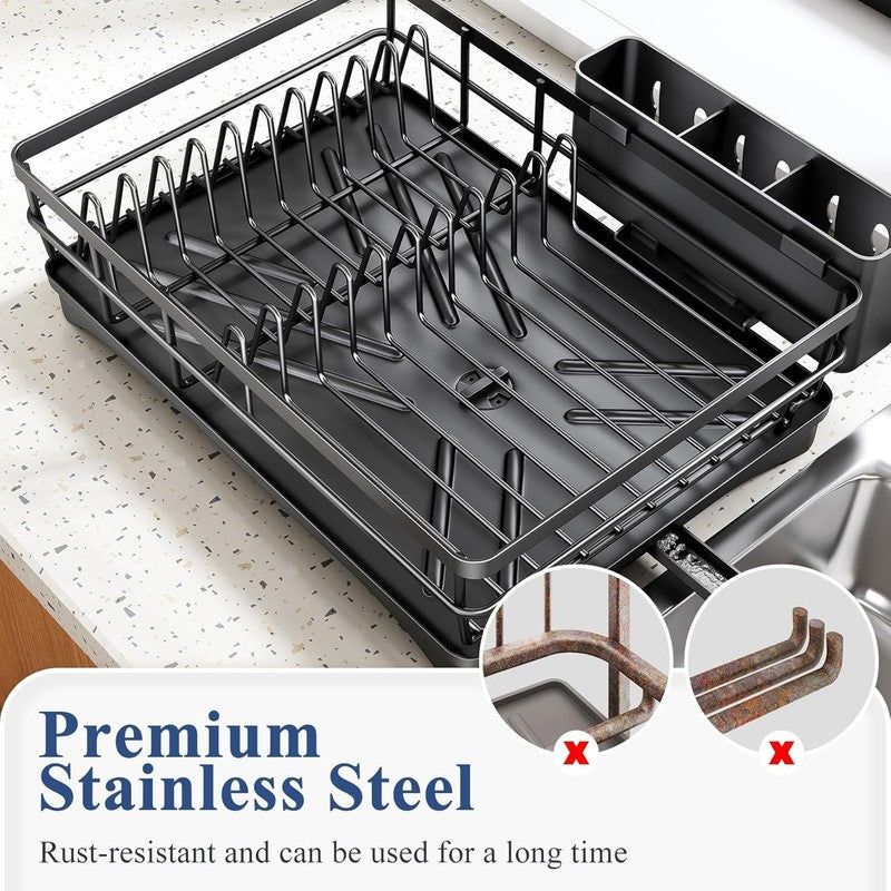 Large Rustproof Dish Drying Rack with Drainboard & Utensil Holder   Black5