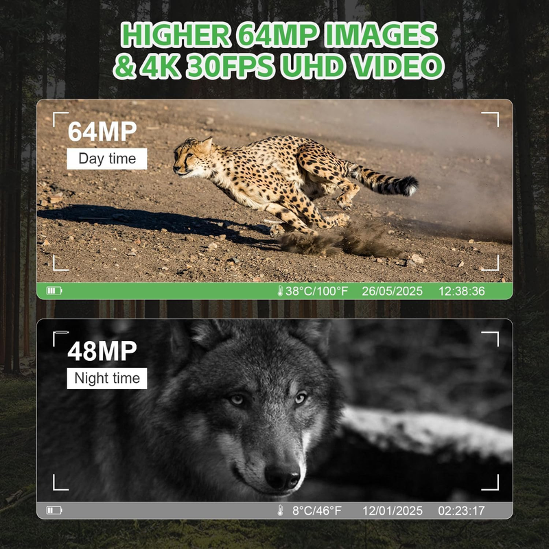 Solar 4K WiFi Trail Camera 64MP 0.1S Motion Night Vision IP67 64GB Battery Cam4