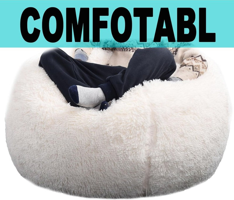 Fluffy Stuffed Animal Storage Bean Bag Cover Faux Fur Beige2