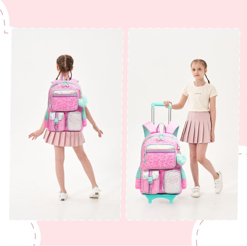 Pink Kids Rolling Backpack for Girls with Wheels Roller School Backpacks with Lu5