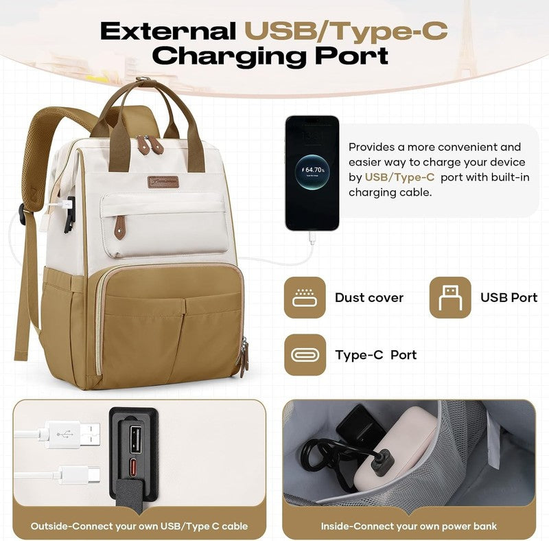 Travel Laptop Backpack 15.6 17.3" Nurse Work Bag w/ Lunch Khaki Beige2