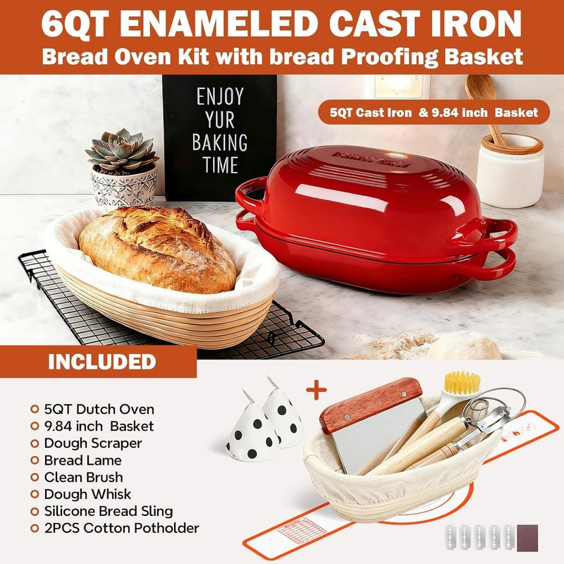 5QT Cast Iron Dutch Oven Bread Kit w/ Banneton Lame Red1