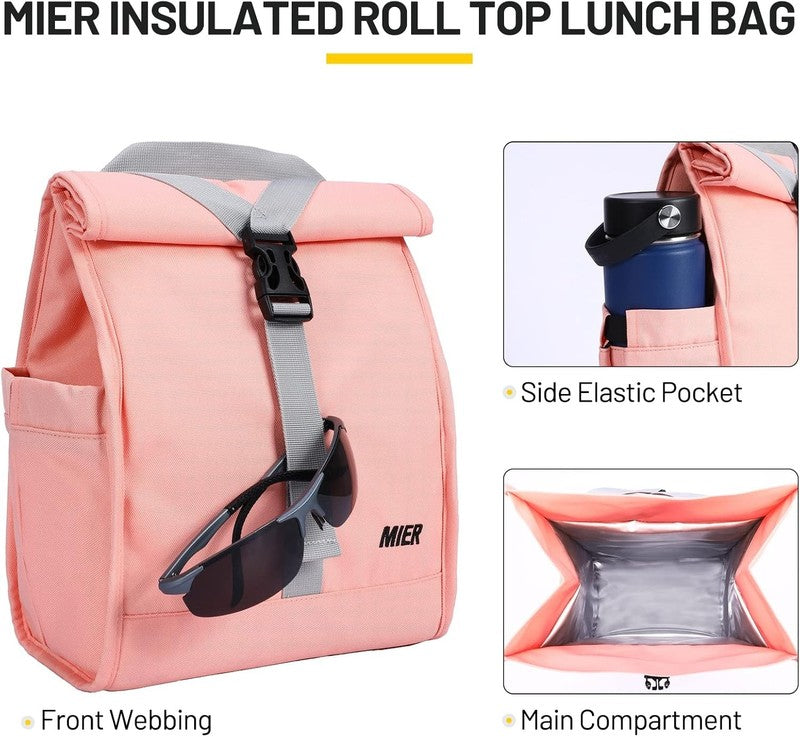 Insulated Roll Top Lunch Bag for Women Men Foldable Tote w/ Shoulder Strap Pink2