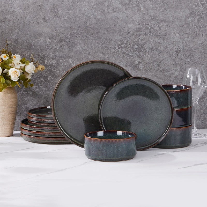 Dinnerware Set for 4, 12 Piece Stoneware Ribbed Dishes with Reactive Glaze, Cera2