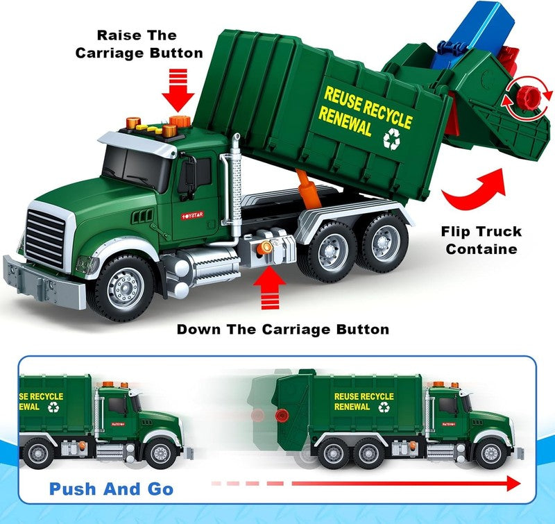 15 Inch Garbage Truck Toy with Sound Lights Trash Bins Learning Cards for Kids A1