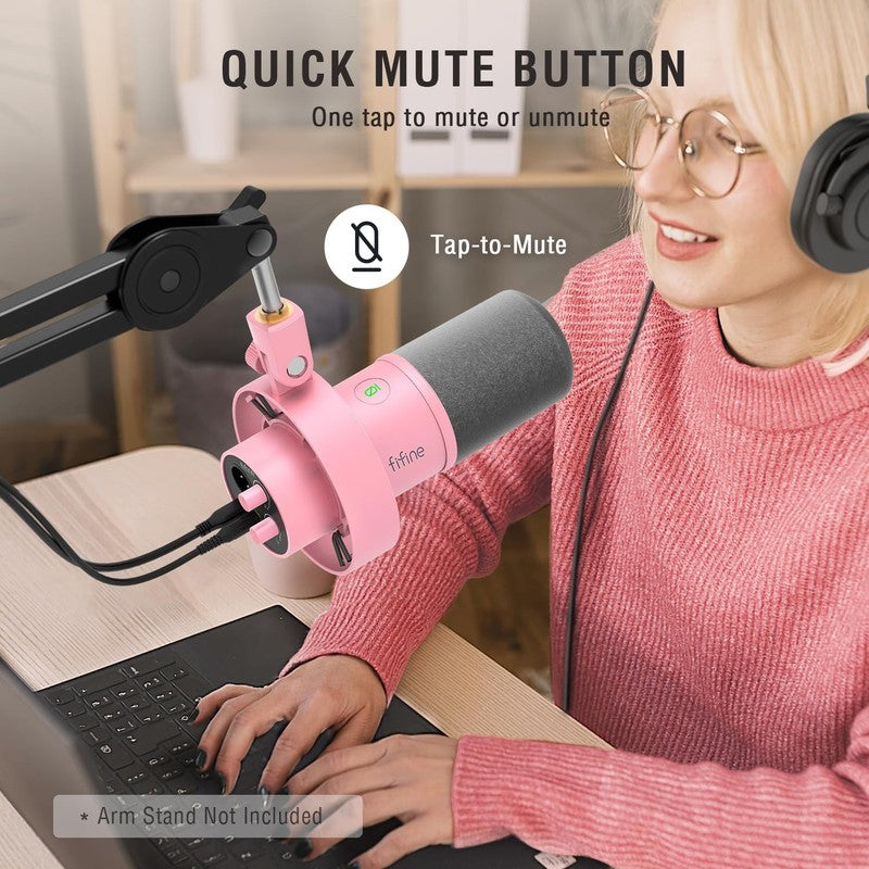 Dynamic Podcast Microphone XLR/USB with Mute Gain & Headphone Monitoring Pink4