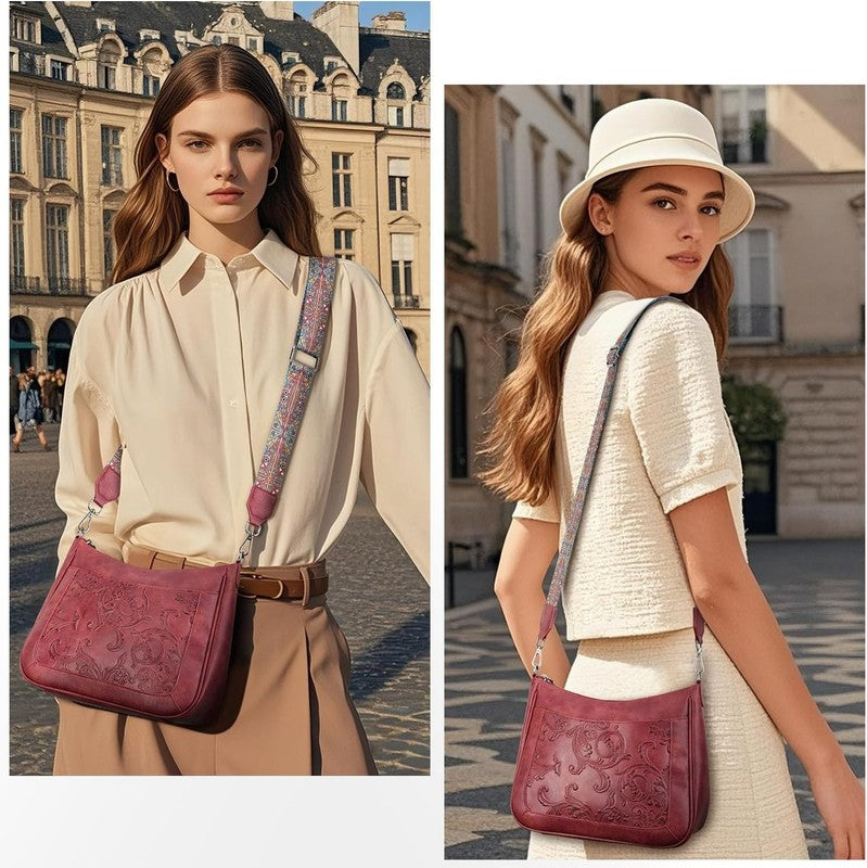 Women Crossbody Bag Vegan Leather Embossed Flower Multi Pocket Strap Hobo Bag1