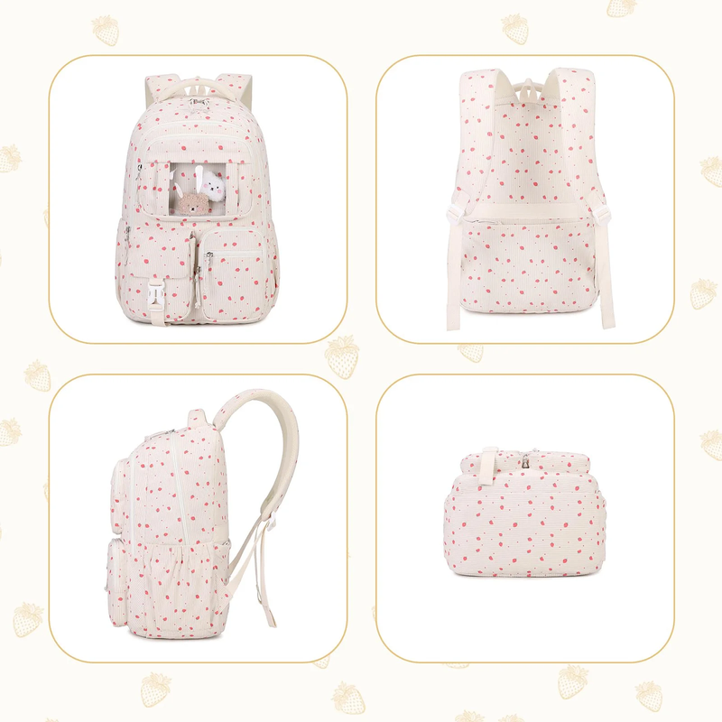 Beige Strawberry Corduroy Kawaii Ita School Backpack5