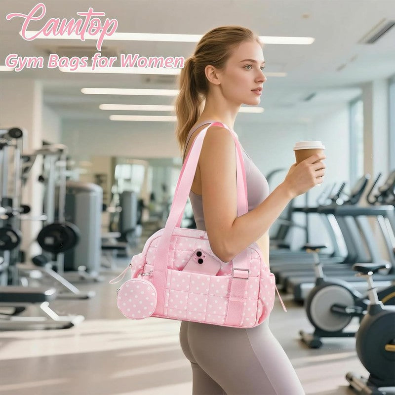 Mini Gym Bag Women Quilted Duffel Wet Compartment Yoga Dance Polka Pink 12.6"2