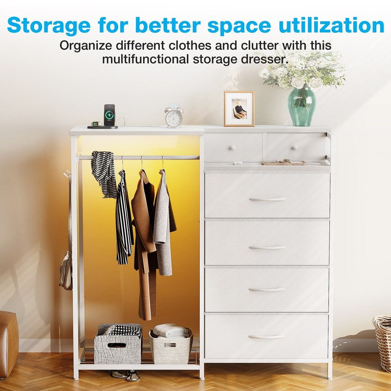 Dresser for Bedroom with Clothes Rack, 6 Drawers Dresser with Charging Station &3
