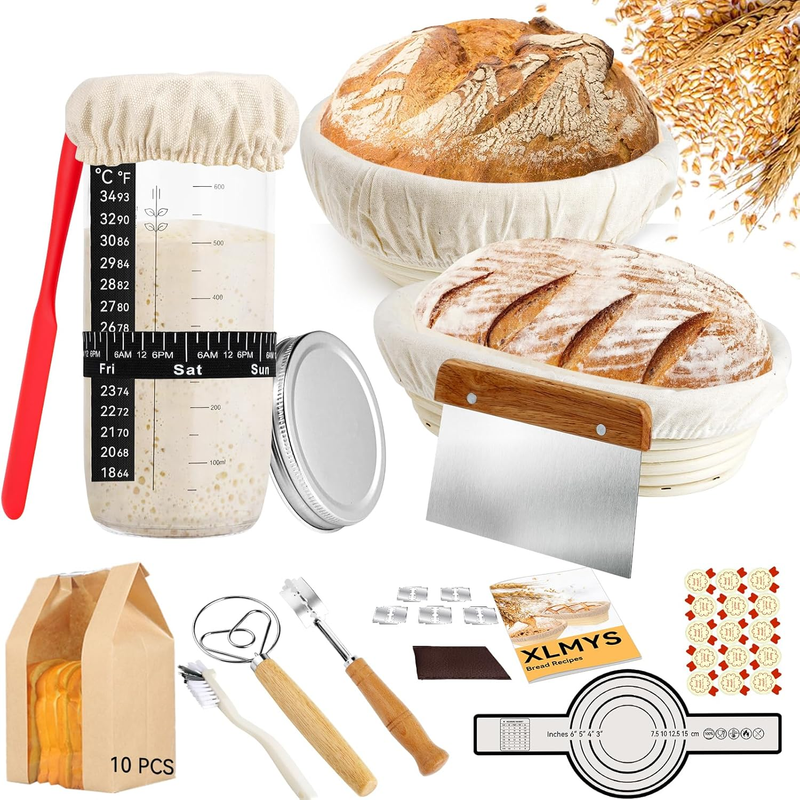 Sourdough Starter Kit   9" Round & 10" Oval Banneton Baskets with Jar & Tools0