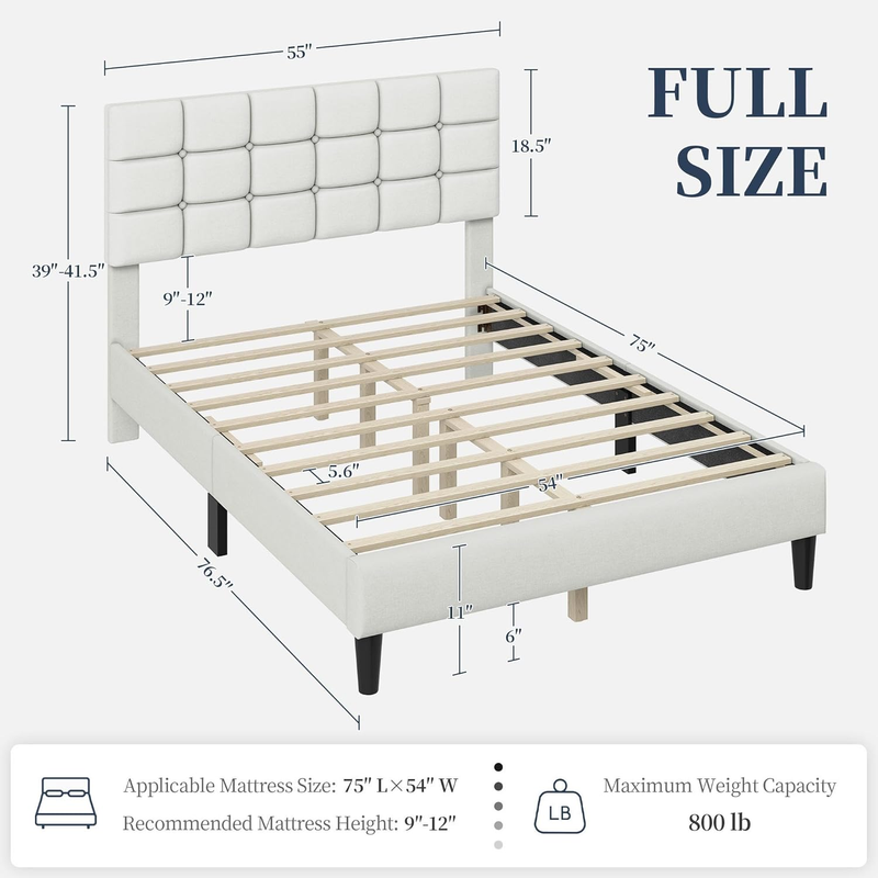Upholstered Full Bed Frame Tufted Headboard Adjustable Wood Slats Beige Platform1