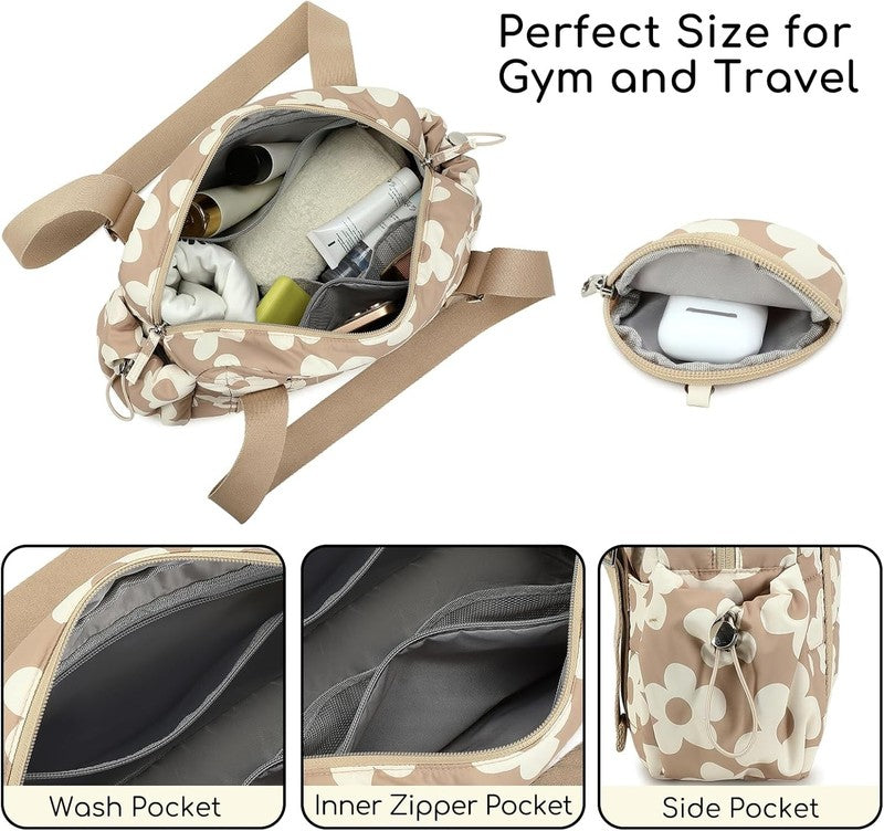 Mini Gym Bag Women Quilted Duffel Wet Compartment Coin Purse Brown Flower4