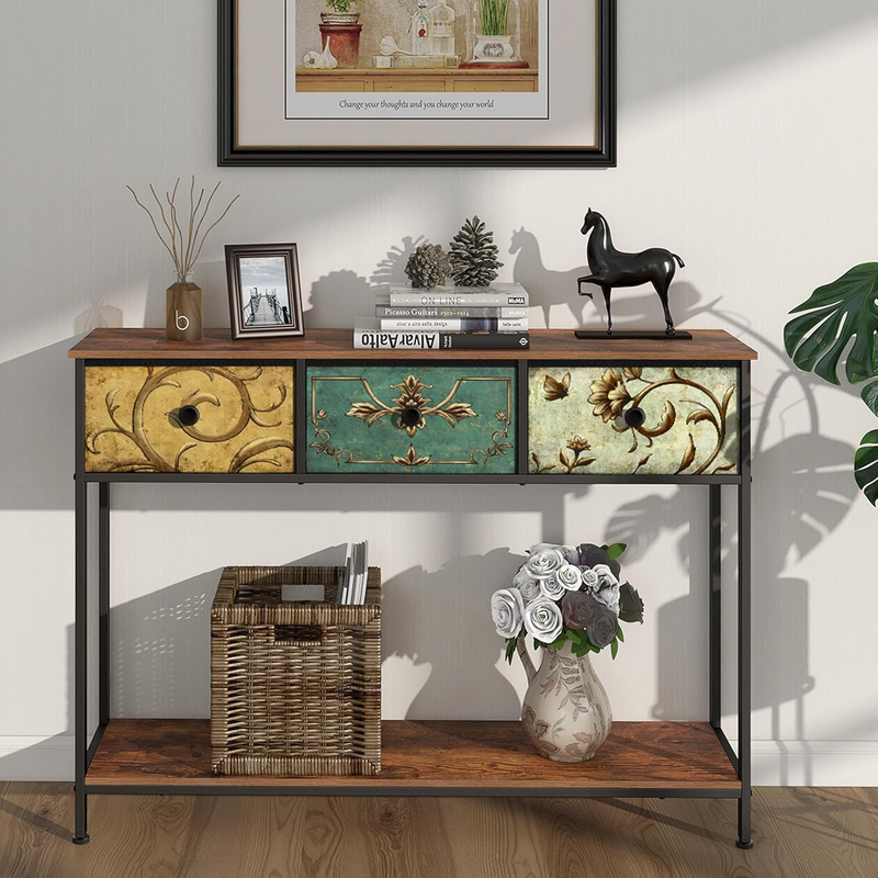 Entryway Console Table Rustic Brown Boho Sofa Table 3 Fabric Drawers Shelf7