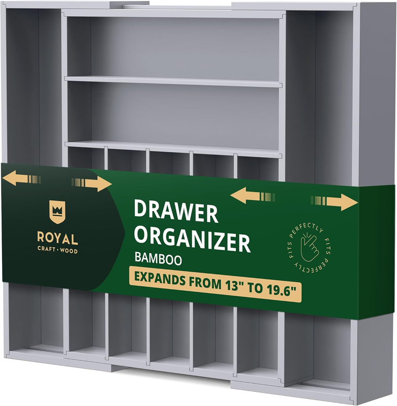 Bamboo Kitchen Drawer Organizer 9 Slot Silverware Utensil Tray Gray0