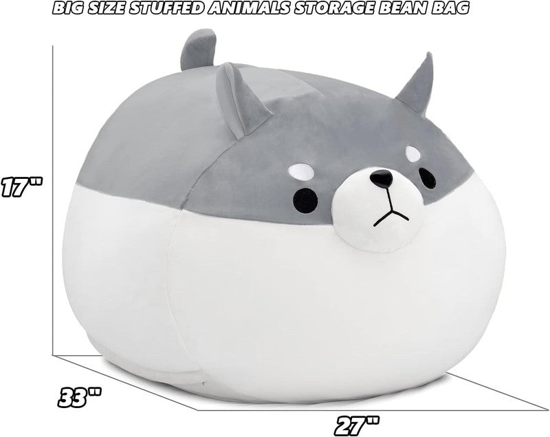 Stuffed Animal Storage Bean Bag Cover Kids Grey Shiba Inu Toy Organizer XL4