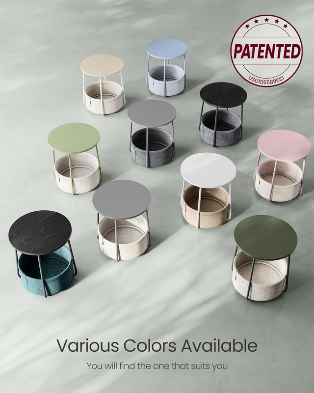 LILEA Collection   Small round Side End Table, Modern Nightstand with Fabric Bas9