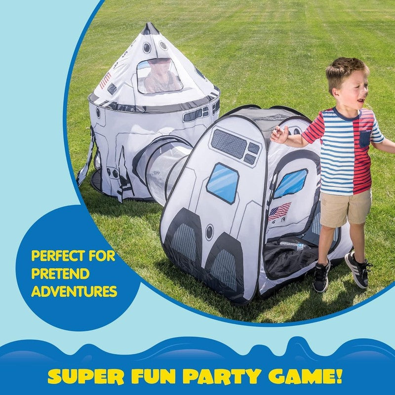 White Rocket Ship Pop up Play Tent with Tunnel and Playhouse Kids Indoor Outdoor4