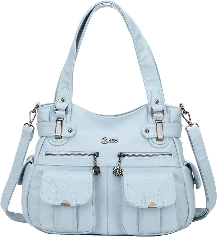 Women's Large PU Leather Hobo Tote Multi Pocket Shoulder Bag1