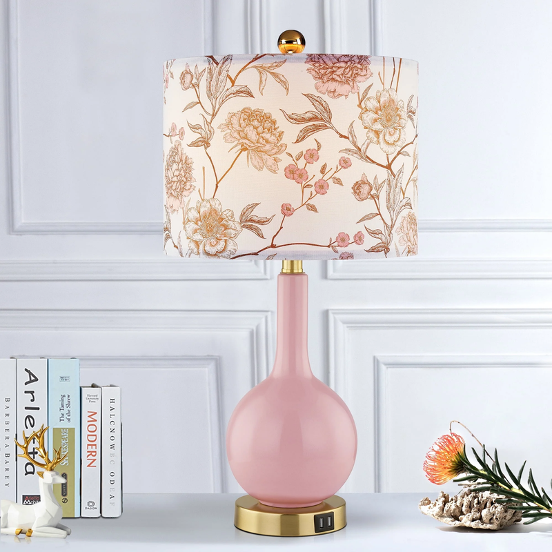 Pink Ceramic Touch Control Table Lamp with USB Ports - 24" Floral Shade10