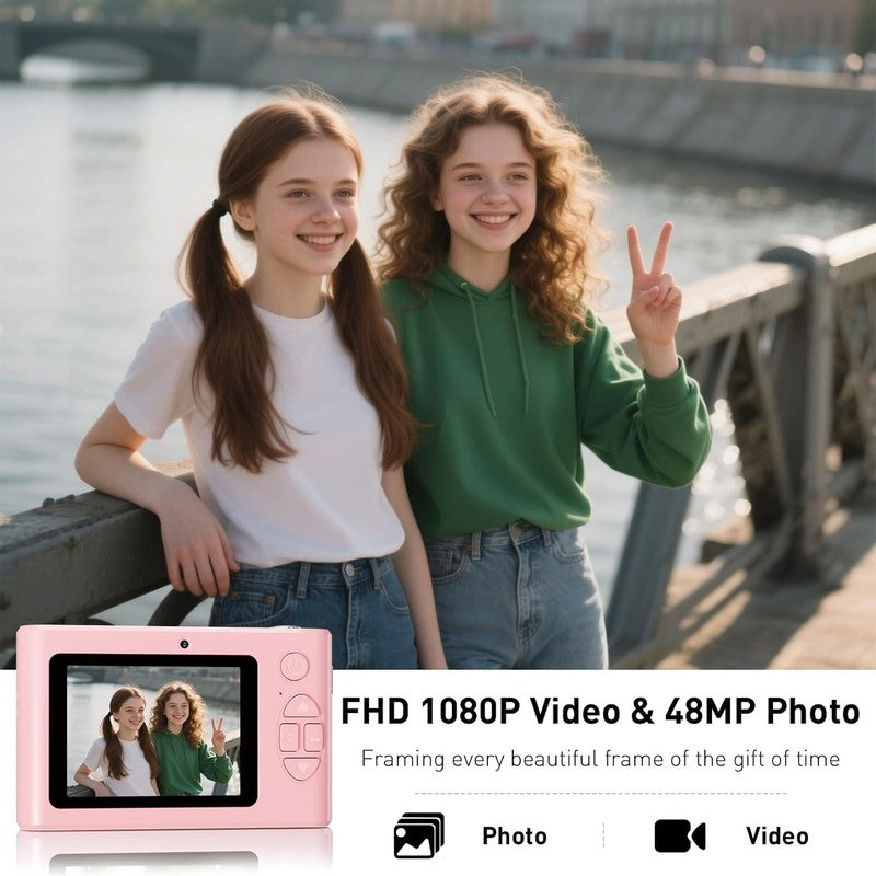 48MP Kids Digital Camera 1080P Dual Lens w/ 32GB Card – Pink Gift1