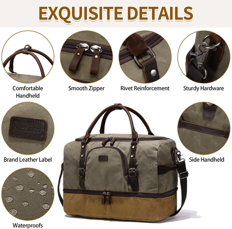 Nerlion Weekender Duffle Bag Green Canvas Leather Carry On Shoe Compartment4