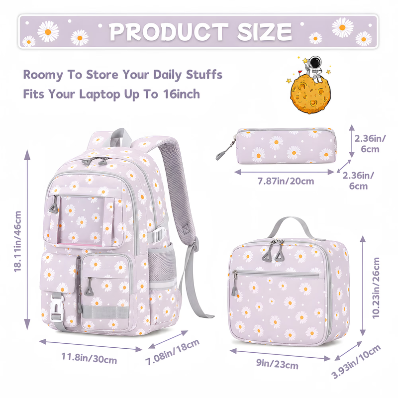 Kids School Backpack Set w/ Lunch Bag Pencil Case Gray Flower1