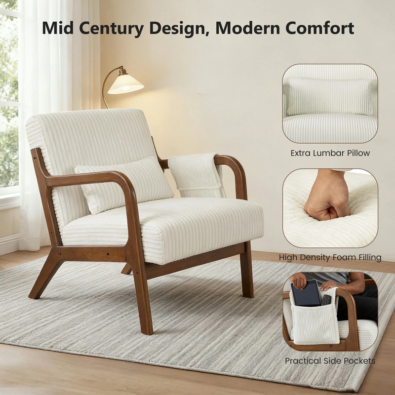 Accent Chair, Mid-Century Modern Arm Chair with Wood Frame, 1-Seat Cushioned Sof4